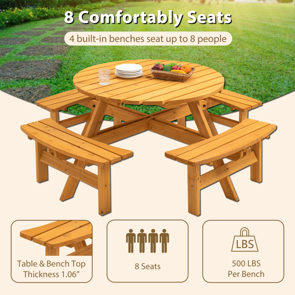 8人户外圆形木制野餐桌，带3个内置长凳，用于庭院后院花园，天然色-3