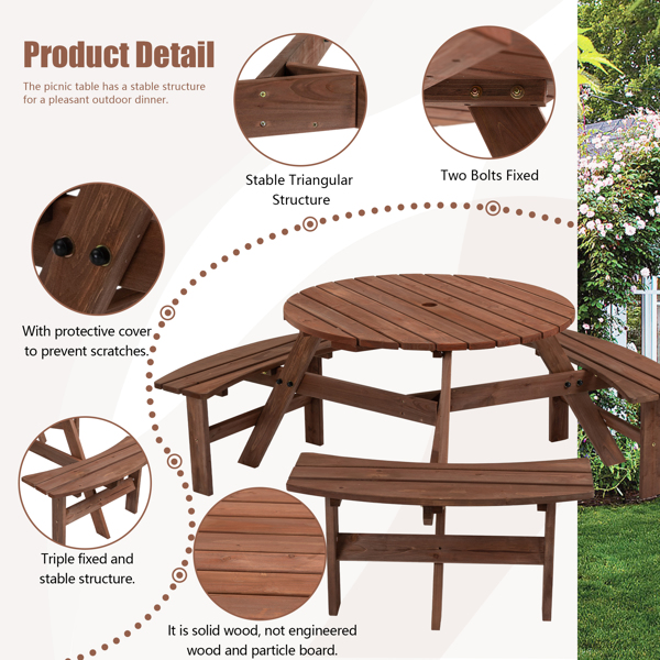 6人户外圆形木制野餐桌，带3个内置长凳，用于庭院后院花园，棕色-3
