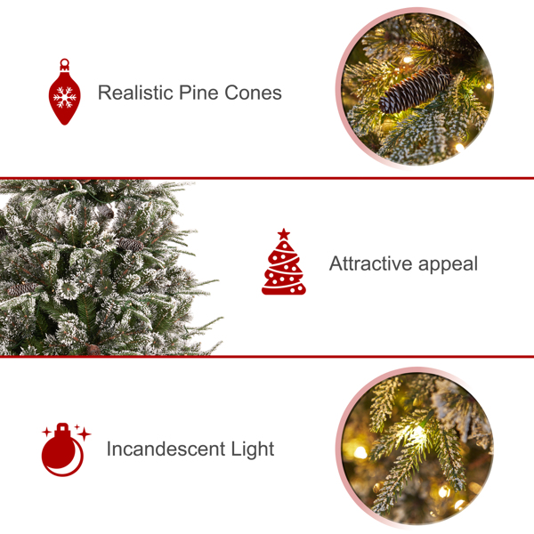 最佳选择  预照明预装饰云杉铰链人造混合PE/PVC圣诞树，带1273个尖端，29个松果，240盏灯，金属底座 -5