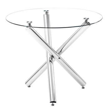 简约圆形 圆管交叉 餐桌 钢化玻璃铁管 清玻电镀桌腿 90*90*75cm