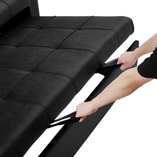 黑色 ，现代天鹅绒躺椅沙发带抽拉床，可转换为沙发床，侧面带茶几，靠背可调节，2 个腰枕-11