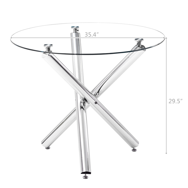 简约圆形 圆管交叉 餐桌 钢化玻璃铁管 清玻电镀桌腿 90*90*75cm-3