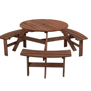 6人户外圆形木制野餐桌，带3个内置长凳，用于庭院后院花园，棕色