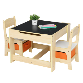  一桌两椅带两个收纳袋 三聚氰胺板 密度板 原木色 儿童桌椅 61.5*61.5*48cm 可收纳 N201（替换编码:16180981）