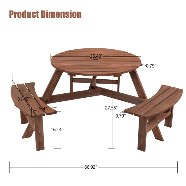 6人户外圆形木制野餐桌，带3个内置长凳，用于庭院后院花园，棕色-2