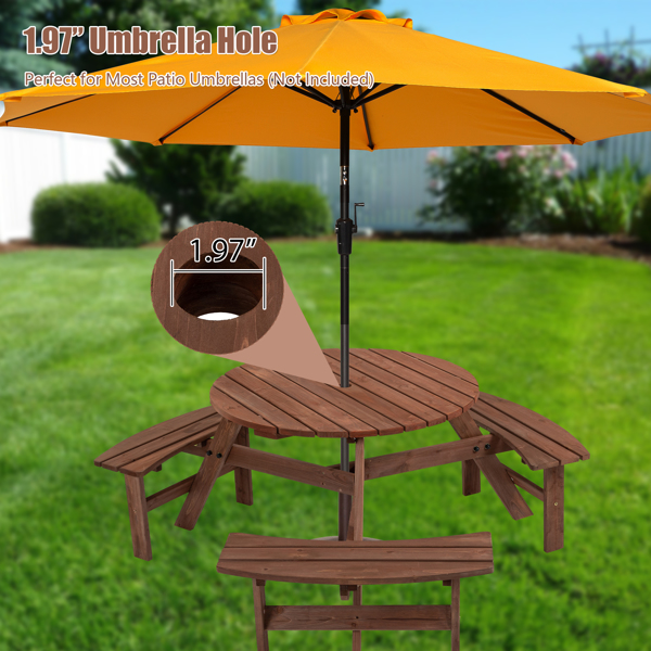 6人户外圆形木制野餐桌，带3个内置长凳，用于庭院后院花园，棕色-6