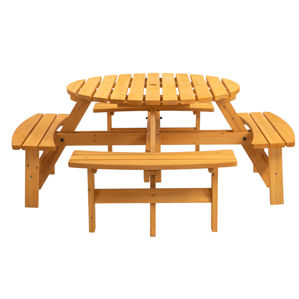 8人户外圆形木制野餐桌，带3个内置长凳，用于庭院后院花园，天然色-6
