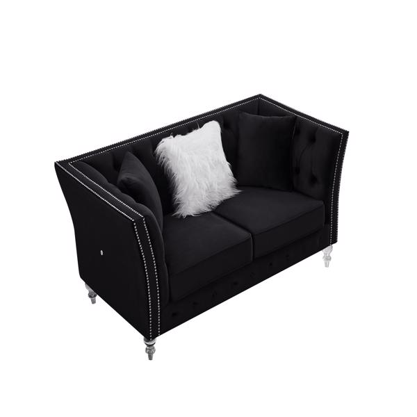 LTL，黑色，天鹅绒，双人座沙发，亚克力脚，靠枕组合休闲沙发，客厅用深簇扣豪华沙发-6