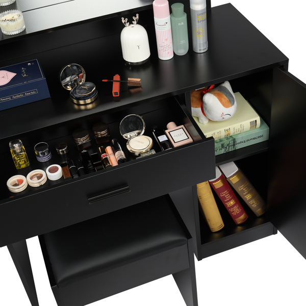  黑色 麻面刨花板贴三胺 一抽 一门 三层架 梳妆桌套装 三色调光球泡灯 N201-15