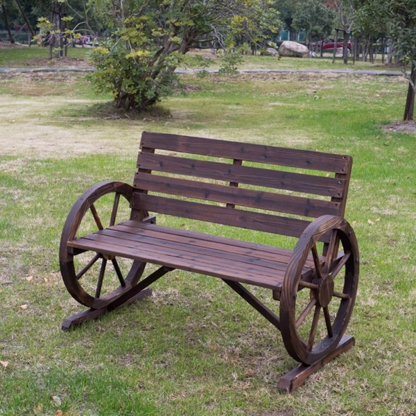 带靠背的双人座椅长凳木制马车轮凳，质朴的户外露台家具-AS-1