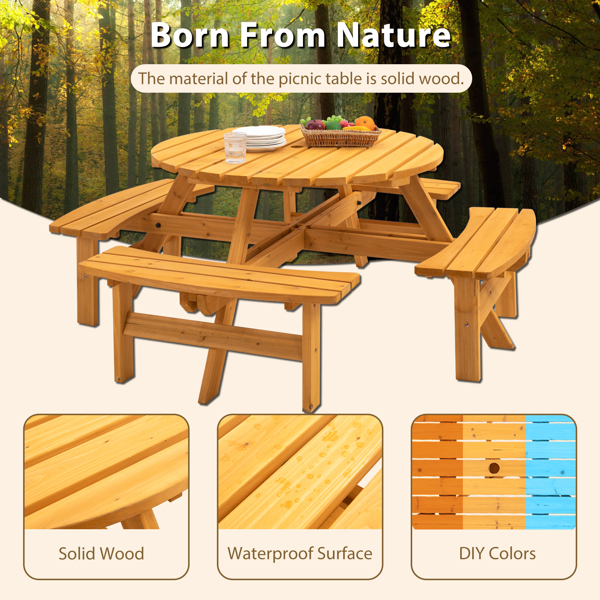 8人户外圆形木制野餐桌，带3个内置长凳，用于庭院后院花园，天然色-5