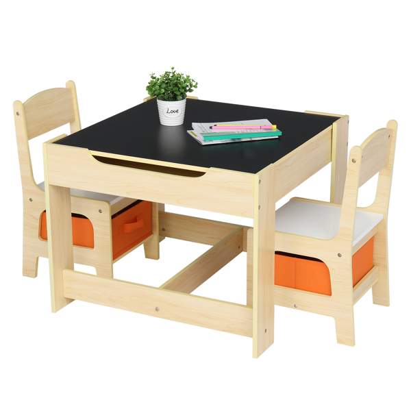 One table and two chairs with two storage bags Melamine board density board log color children's table and chair 61.5*61.5*48cm can be stored N201 (replacement code: 16180981) -46