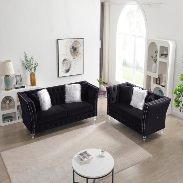 黑色，天鹅绒，2+3座沙发组合，靠枕组合休闲沙发，客厅用深簇扣豪华沙发（LTL发货时间较长，需提供真实电话号码）-1
