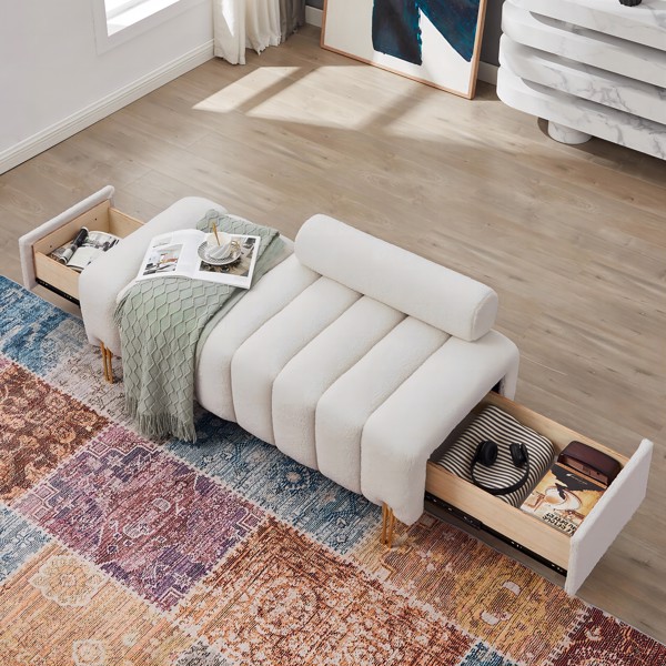 全新设计抽拉储物格脚凳沙发，泰迪绒材质，实木框架，金属脚，可用于客厅，书房等多种场合。-米白色-3