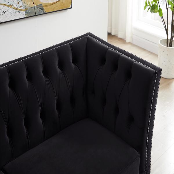 黑色，天鹅绒，双人座沙发，靠枕组合休闲沙发，客厅用深簇扣豪华沙发（LTL发货时间较长，需提供真实电话号码）-2