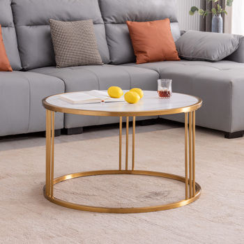 北欧现代茶几 客厅圆桌 岩板圆形咖啡桌，金色不锈钢框架