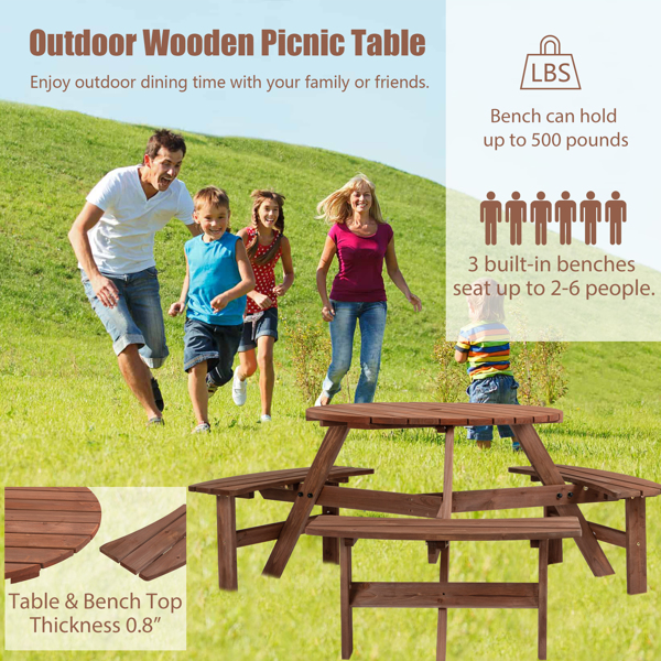 6人户外圆形木制野餐桌，带3个内置长凳，用于庭院后院花园，棕色-4