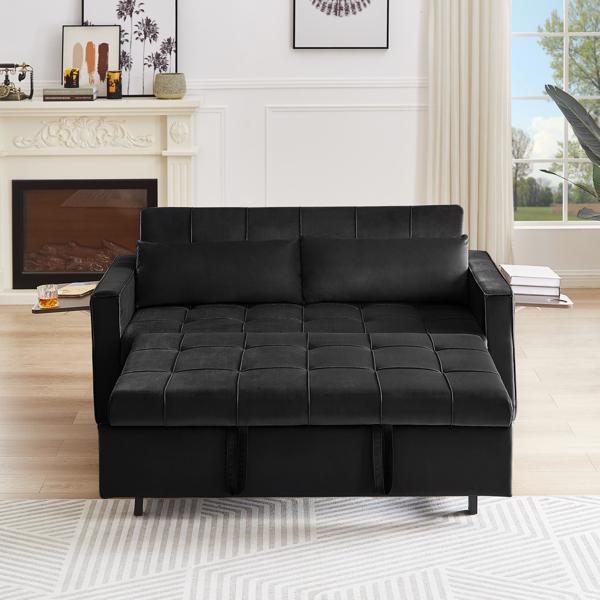 黑色 ，现代天鹅绒躺椅沙发带抽拉床，可转换为沙发床，侧面带茶几，靠背可调节，2 个腰枕-3