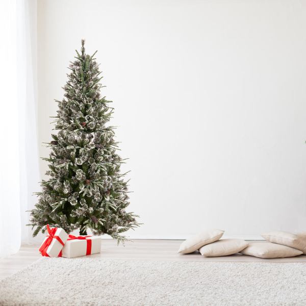 最佳选择  预照明预装饰云杉铰链人造混合PE/PVC圣诞树，带1273个尖端，29个松果，240盏灯，金属底座 -9
