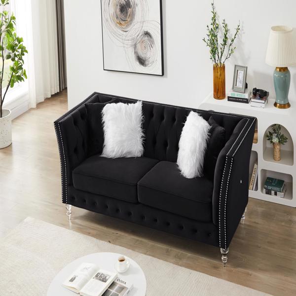 黑色，天鹅绒，2+3座沙发组合，靠枕组合休闲沙发，客厅用深簇扣豪华沙发（LTL发货时间较长，需提供真实电话号码）-3