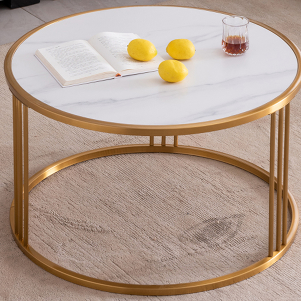 北欧现代茶几 客厅圆桌 岩板圆形咖啡桌，金色不锈钢框架-3