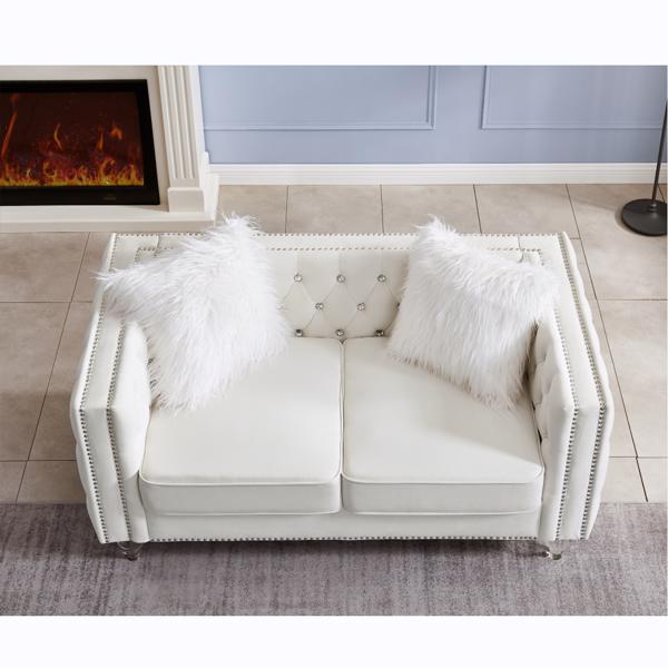 米色，双人沙发，天鹅绒水晶拉扣沙发，水晶脚，可拆卸坐垫，两个长毛绒枕头-2