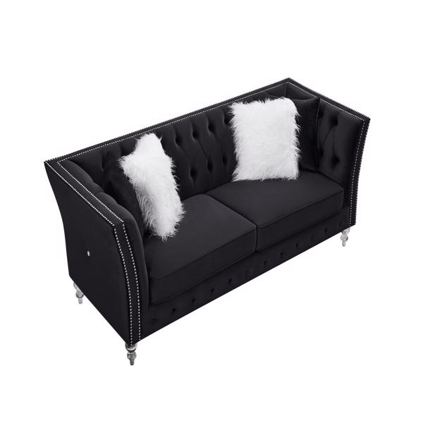 LTL，黑色，天鹅绒，三人座沙发，亚克力脚，靠枕组合休闲沙发，客厅用深簇扣豪华沙发-7