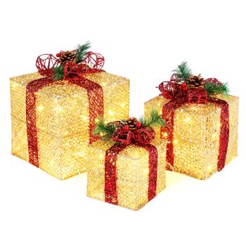  3pcs 10-8-6 inch 金色 礼物盒 5M长电源线 庭院礼盒装饰 英国