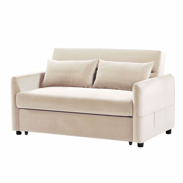 双人座椅沙发床沙发，带拉出式床，可调节靠背，带2个腰枕，用于小客厅和公寓等-米色-4
