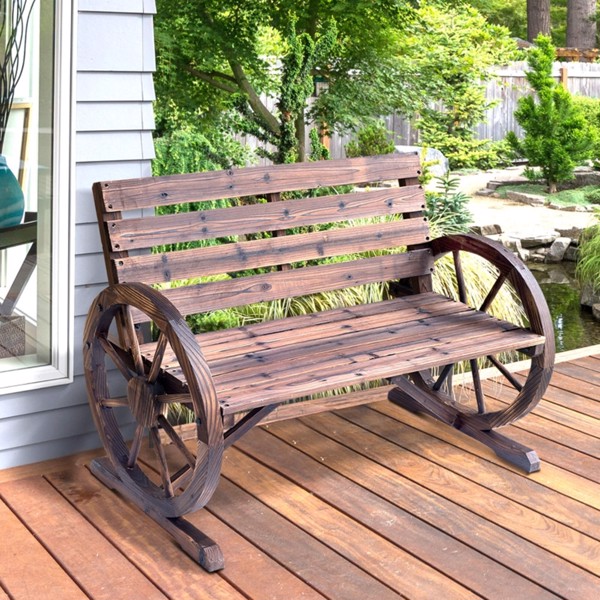 带靠背的双人座椅长凳木制马车轮凳，质朴的户外露台家具-AS-10