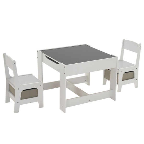  一桌两椅带两个收纳袋 三聚氰胺板 密度板 灰白色 儿童桌椅 61.5*61.5*48cm 可收纳 N201-3