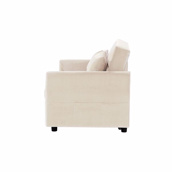 双人座椅沙发床沙发，带拉出式床，可调节靠背，带2个腰枕，用于小客厅和公寓等-米色-5