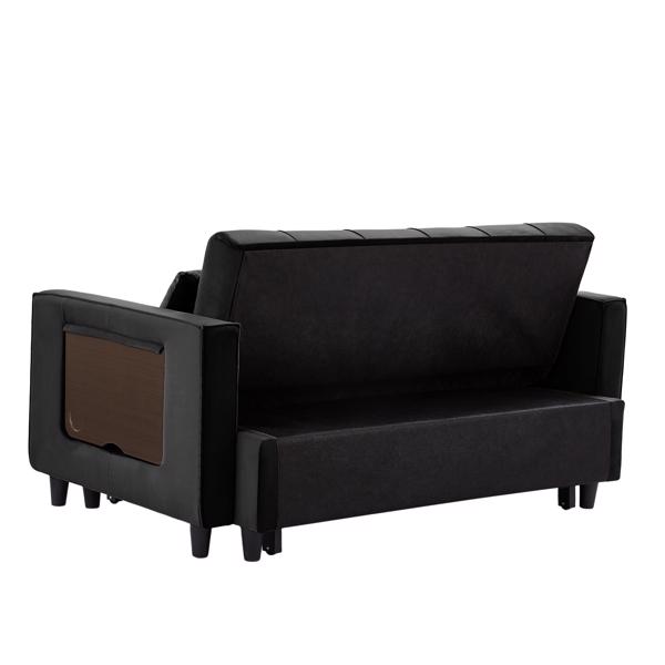 黑色 ，现代天鹅绒躺椅沙发带抽拉床，可转换为沙发床，侧面带茶几，靠背可调节，2 个腰枕-10