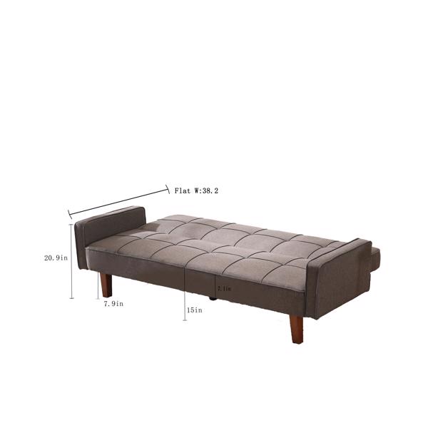 棕色亚麻布沙发床，带扶手的可转换睡床沙发，实木脚和塑料中脚-12