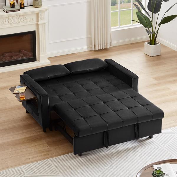 黑色 ，现代天鹅绒躺椅沙发带抽拉床，可转换为沙发床，侧面带茶几，靠背可调节，2 个腰枕-4