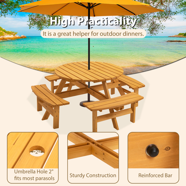 8人户外圆形木制野餐桌，带3个内置长凳，用于庭院后院花园，天然色-4