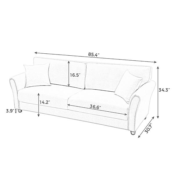 米白色麻布，三人室内沙发，带两个抱枕，实木框架，塑料脚-11