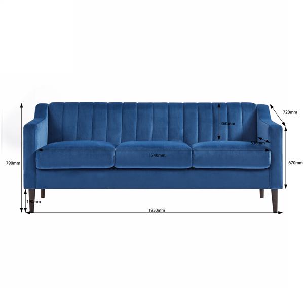 现代切斯特菲尔德沙发，舒适的软垫沙发，天鹅绒面料，木框木腿，适用于客厅/卧室/办公室，3 座沙发 - 蓝色-3
