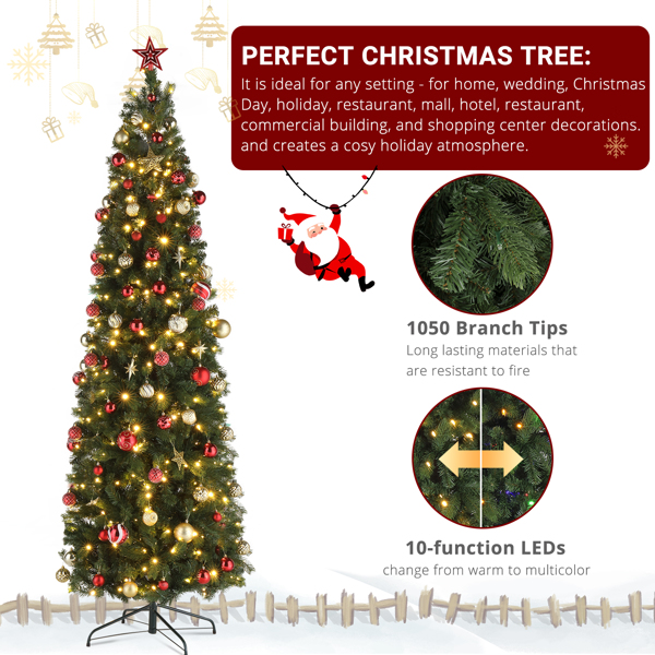 7.5ft 绿色 350灯 暖色带五彩10模式 1090枝圆头 铅笔造型 自动树结构 PVC材质 圣诞树 美规 N101-16