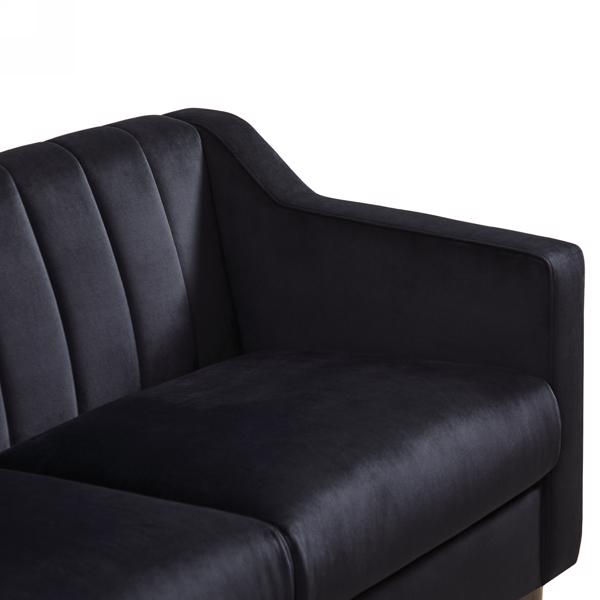现代切斯特菲尔德沙发，舒适的软垫沙发，天鹅绒面料，木框木腿，适用于客厅/卧室/办公室，3 座沙发 - 黑色-5