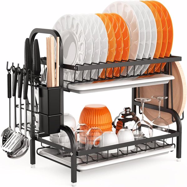 碗碟晾干架，厨房台面 2 层碗碟架，带沥水板的水槽碗碟沥水架，餐具架和砧板架，不锈钢厨房晾干架-黑色-5