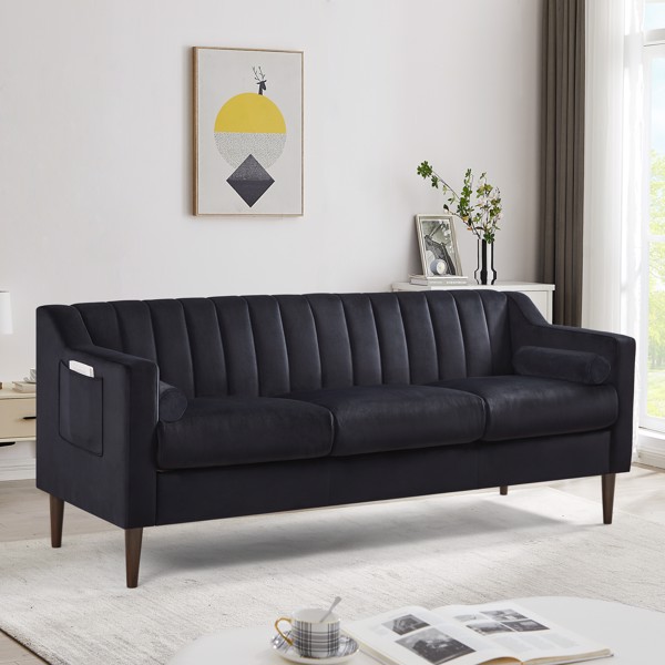 现代切斯特菲尔德沙发，舒适的软垫沙发，天鹅绒面料，木框木腿，适用于客厅/卧室/办公室，3 座沙发 - 黑色-1