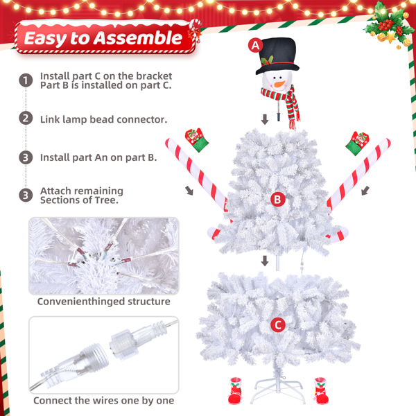  6.5ft 白色植绒 140灯 冷色8模式 700枝头 自动树结构 雪人造型 PVC材质 圣诞树 N101-5