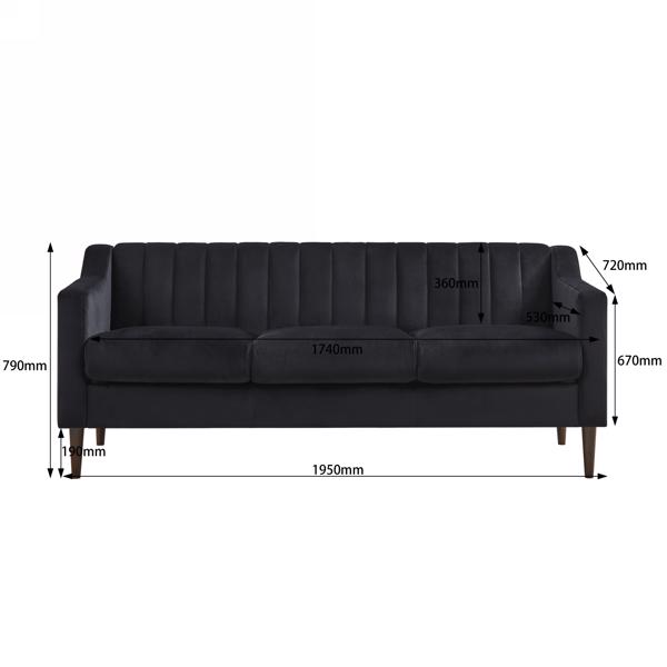 现代切斯特菲尔德沙发，舒适的软垫沙发，天鹅绒面料，木框木腿，适用于客厅/卧室/办公室，3 座沙发 - 黑色-14