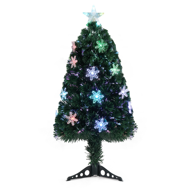  3ft 绿色 光纤 12灯带雪花片 七彩变色 85枝头 顶部带星星 塑料底座 PVC材质 圣诞树 欧规 N101-1