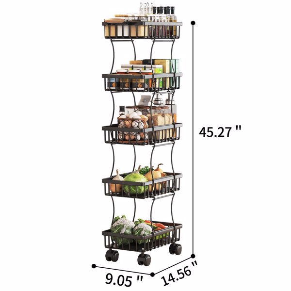 5 层厨房水果蔬菜篮，水果蔬菜储物车，蔬菜篮箱，钢丝储物篮收纳实用车带轮，中号，黑色-4