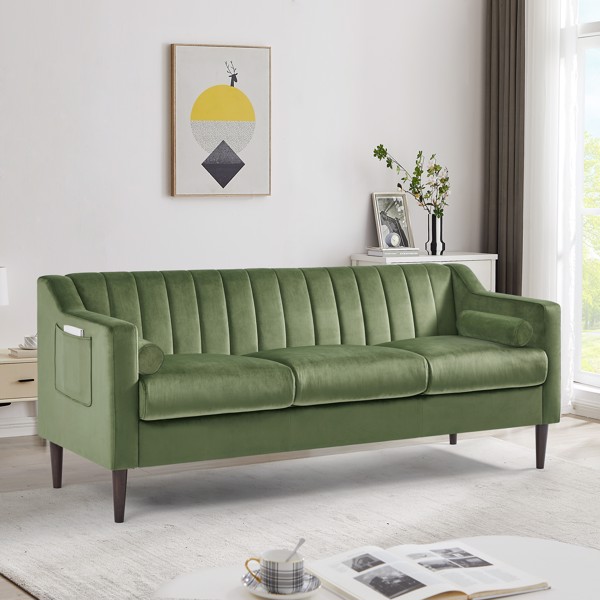 现代切斯特菲尔德沙发，舒适的软垫沙发，天鹅绒面料，木框木腿，适用于客厅/卧室/办公室，3 座沙发 - 绿色-8
