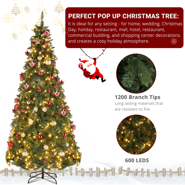  7.5ft 绿色 600灯 暖色8模式 1200枝头 自动树结构 PVC材质 圣诞树 美规 N101-3