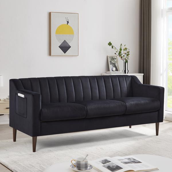 现代切斯特菲尔德沙发，舒适的软垫沙发，天鹅绒面料，木框木腿，适用于客厅/卧室/办公室，3 座沙发 - 黑色-12