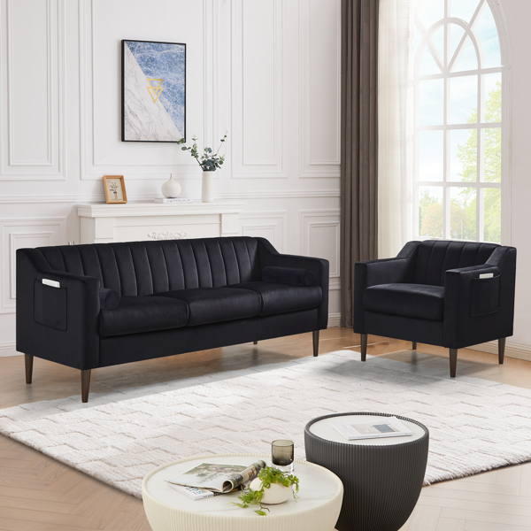 现代切斯特菲尔德沙发，舒适的软垫沙发，天鹅绒面料，木框木腿，适用于客厅/卧室/办公室，3 座沙发 - 黑色-9